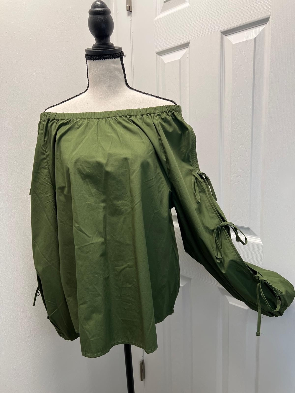 Women’s Olive Green Off-Shoulder Blouse with Tie-Sleeves